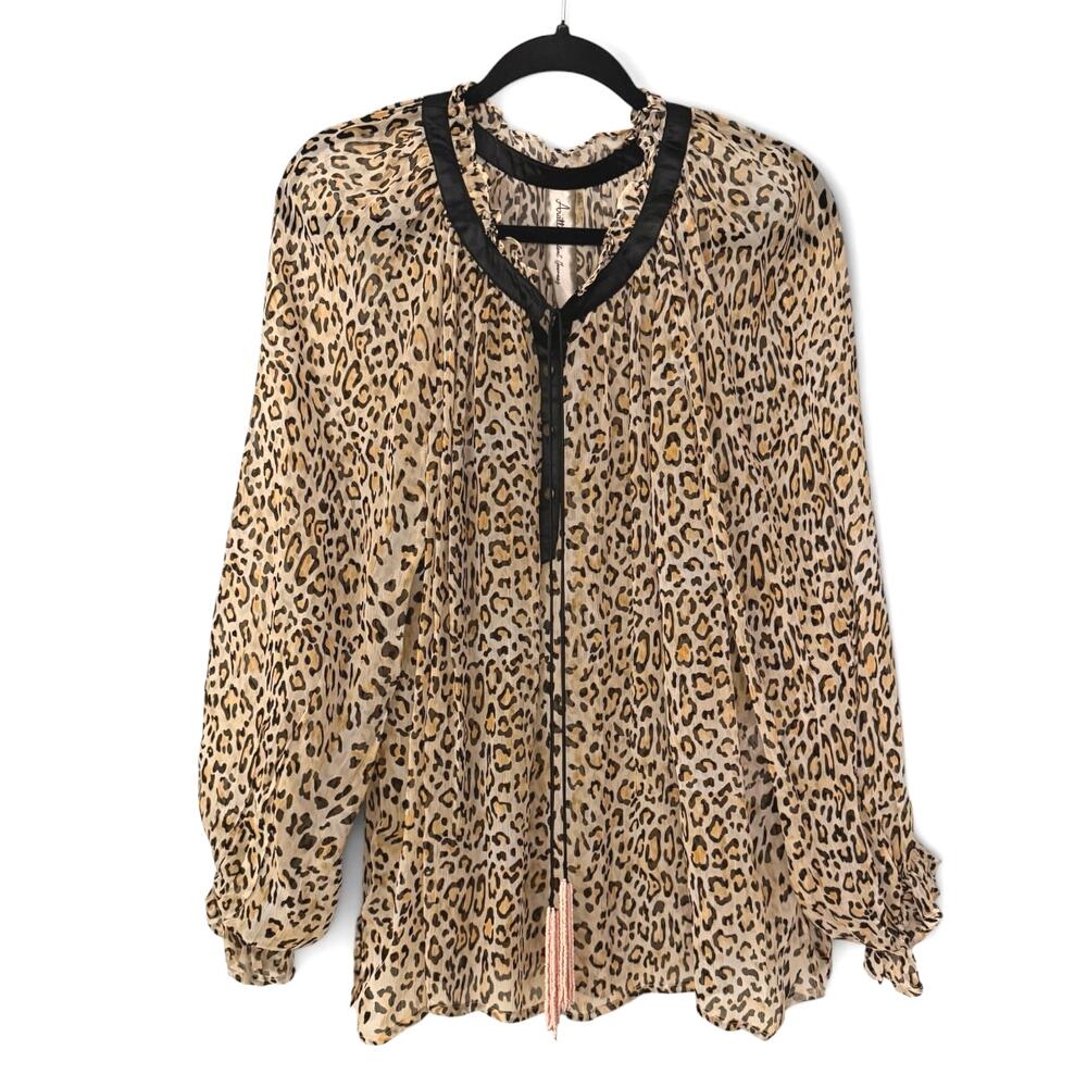 Aratta Silent Journey Medium Sheer Blouse Animal Cheetah Print Tassles